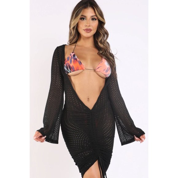 Women's Casual Bell Sleeve Ruched Open Front Bikini Cover-Up Dress Beach Pool - Picture 10 of 10